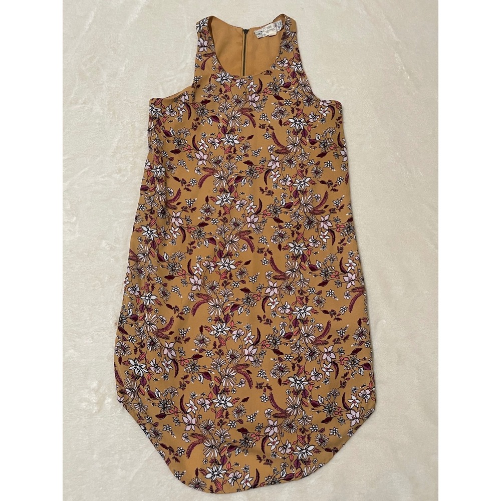Womens Mustard Yellow Floral Sleeveless Shift Dress High Neck Size S